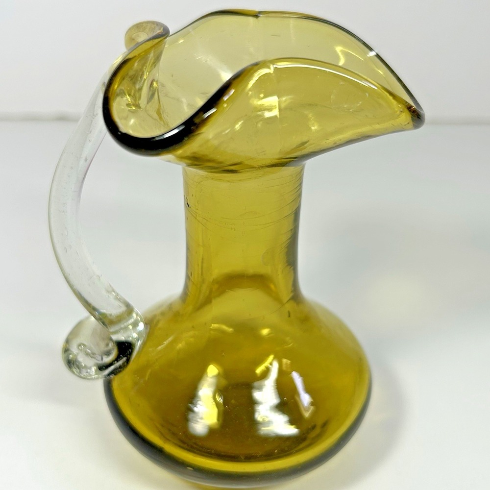 Vintage Hand Blown Amber Art Glass Cruet Pitcher Murano Style Clear Handle